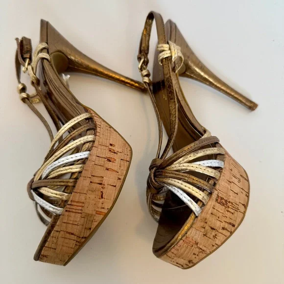 BCBG Gold Strappy Cork Platform Heels, Size 7 - Picture 7 of 11